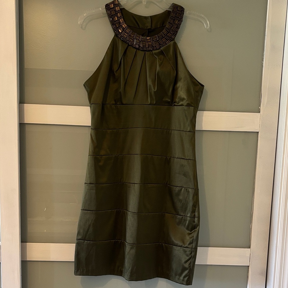 B Darlin Olive Green Beaded-Halo Mini Dress